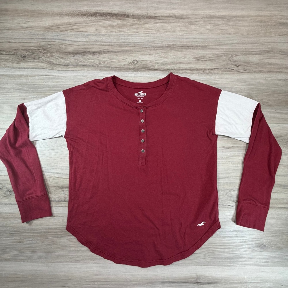 Hollister Burgundy White‎ Baseball Henley Long Sleeve Easy Tee Shirt Women S